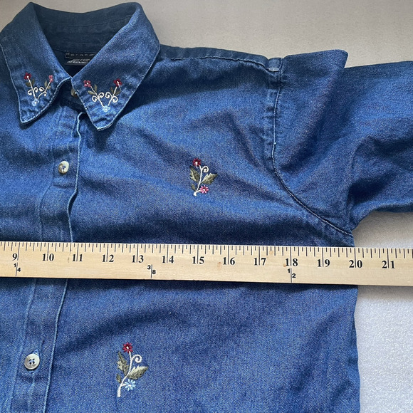 Vintage Y2K‎ Deranged Shirt Women Large Blue Denim Embroidered Floral Button Up - Picture 8 of 10